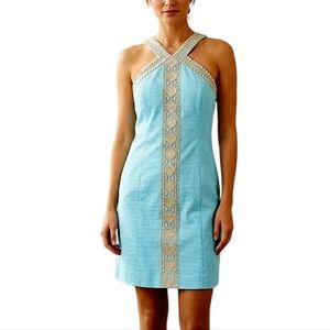 Lilly Pulitzer Vena Stretch Shift Dress Women Size 6 Bali Blue Gold